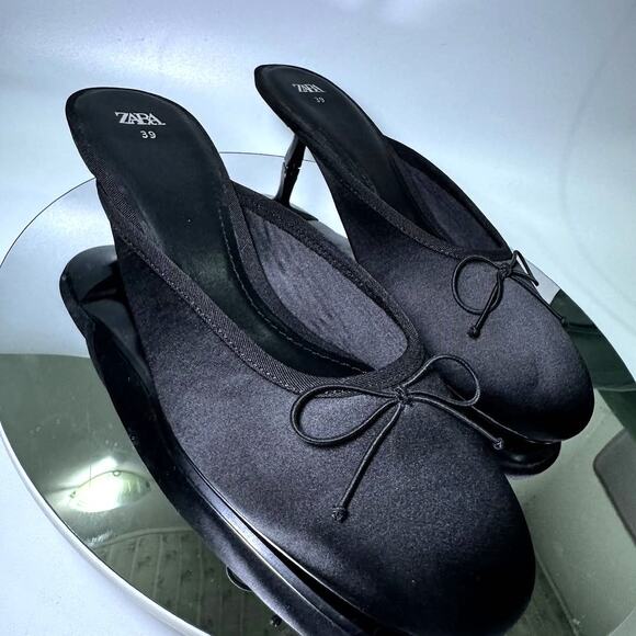 ZARA Embellished Bow Detail Mules NWT – Black Satin Heeled Slides, Sz 7.5 - Picture 5 of 16